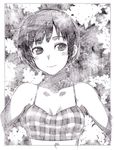  bad_id bad_pixiv_id bare_shoulders blush bra breasts cleavage copyright_request greyscale head_tilt light_smile medium_breasts monochrome plaid plaid_bra puyo short_hair solo underwear 