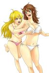  2girls artist_request barefoot blonde_hair blue_eyes blush breast_grab brown_hair cleavage green_eyes multiple_girls psyren tenjuin_frederica tenjuin_marie 