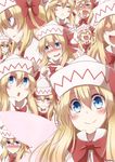  :q :t blonde_hair blue_eyes blush blush_stickers bow capelet closed_eyes dress expressions fairy_wings fingers_together hair_bow hat highres lily_white long_hair looking_at_viewer multiple_views one_eye_closed open_mouth pout smile sweatdrop tears tongue tongue_out touhou wings yutamaro 