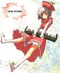  blush brown_hair dress grin hat instrument keyboard_(instrument) kneehighs kuronuko_neero lyrica_prismriver musical_note one_eye_closed orange_eyes short_hair smile socks solo touhou wings 