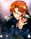  bad_id bad_pixiv_id black_eyes blood blood_on_face blue_jacket fate/zero fate_(series) haruno_(kanimeshi) jacket male_focus orange_hair snowing solo uryuu_ryuunosuke 