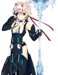  animal_ears bad_id bad_pixiv_id ballistic_coat bare_shoulders cat_ears detached_sleeves gloves headband looking_at_viewer mask phantasy_star phantasy_star_online_2 red_eyes roten_(rotenburo) simple_background solo staff standing thighhighs weapon white_background white_hair 