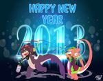  2013 alcohol anthro champagne clothing dragon fish green_eyes mako_(rudragon) marine new_year popper ru_(rudragon) rudragon shark shirt 