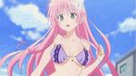  animated animated_gif ass bikini breasts demon_tail lala_satalin_deviluke long_hair lowres pink_hair shrinking solo swimsuit tail to_love-ru undersized_clothes wedgie 