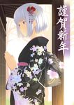  floral_print grey_hair hair_ornament hands_together highres japanese_clothes juu_ho kimono new_year obi original own_hands_together praying red_eyes sash short_hair solo upper_body 