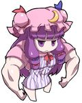  biceps bow chibi crescent dress hair_bow hat jpeg_artifacts long_hair muscle oversized_forearms oversized_limbs patchouli_knowledge purple_eyes purple_hair solo striped teruki touhou vertical_stripes what 