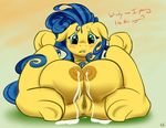  absurd_res anus big_breasts blue_air blush breasts dialog english_text equine female feral freckles fur hair hi_res horse kidkaizer kk lactating leaking mammal milk milky_way_(character) my_little_pony pony pussy solo teats text two_tone_hair yellow_fur 