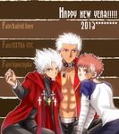  3boys abs amakusa_shirou_(fate) archer bandages brown_eyes brown_hair capelet collar copyright_name cross cross_necklace cuffs dark_skin dark_skinned_male emiya_shirou emiya_shirou_(prisma_illya) fate/apocrypha fate/extra fate/extra_ccc fate/kaleid_liner_prisma_illya fate_(series) handcuffs happy_new_year jacket jewelry male_focus multicolored multicolored_hair multicolored_skin multiple_boys multiple_persona necklace new_year open_clothes open_jacket raglan_sleeves red_hair red_jacket scarf setta_(tokinon) stole streaked_hair two-tone_skin white_hair yellow_eyes 