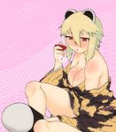  alcohol animal_ears araiguma-san bare_shoulders blonde_hair blush body_blush breasts cleavage collarbone cup drinking drunk japanese_clothes jitome kimono large_breasts new_year off_shoulder original parted_lips pink_background raccoon_ears raccoon_tail red_eyes sakazuki sake short_hair sidelocks simple_background sitting solo tail thighs tsukudani_(coke-buta) 