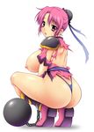  armor ass bad_id bad_pixiv_id ball_and_chain_restraint blush breasts bun_cover chain dragon_quest dragon_quest_dai_no_daibouken g-string large_breasts looking_back maam nipples onizuka_takuto open_mouth panties pink_eyes pink_hair short_hair simple_background solo squatting thong torn_clothes underwear white_background 