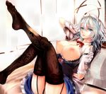  blue_eyes breasts breasts_outside corset feet garter_straps gloves izayoi_sakuya large_breasts leg_up legs looking_at_viewer maid maid_headdress misako12003 nipples pillow print_legwear short_hair silver_hair solo thighhighs touhou white_gloves 