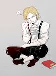  ? bad_id bad_pixiv_id blonde_hair blue_eyes book cravat crossed_legs dio_brando jojo_no_kimyou_na_bouken male_focus pino_0_0 sitting solo suspenders younger 