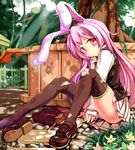  animal_ears bag black_legwear blush book bunny_ears loafers long_hair no_mouth oguro_(xhlj) panties pantyshot pencil pink_hair purple_panties red_eyes reisen_udongein_inaba shoes single_shoe skirt solo swing thighhighs torn_clothes torn_legwear touhou underwear 