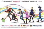  2girls 4boys animal audrey_burne banagher_links barnaby_brooks_jr black_cat bug butterfly cat code_geass code_geass:_boukoku_no_akito company_connection crossover gundam gundam_unicorn happy_new_year haro hyuuga_akito insect kaburagi_t_kotetsu leila_(code_geass) mineva_lao_zabi multiple_boys multiple_crossover multiple_girls new_year official_art running sunrise_(company) tiger_&amp;_bunny walking 