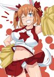 animal_ears bare_shoulders blue_eyes blush breasts brown_hair bunny_ears charlotte_e_yeager cheerleader grin hair_ribbon hand_on_hip komusou_(jinrikisha) large_breasts looking_at_viewer midriff navel one_eye_closed panties pleated_skirt pom_poms ribbon short_hair skirt smile solo strike_witches tail twintails underwear white_panties world_witches_series 