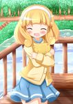  blonde_hair blush book cardigan closed_eyes forest hairband highres kise_yayoi nanairogaoka_middle_school_uniform nature open_mouth precure school_uniform short_hair skirt smile smile_precure! solo water white_hairband zenon_(for_achieve) 