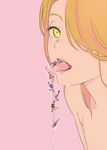  6+boys blonde_hair close-up face freckles giantess hair_over_one_eye highres kayak long_hair looking_at_viewer mebae multiple_boys open_mouth original pink_background saliva simple_background surreal tongue tongue_out yellow_eyes 