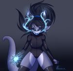  2018 angry anthro black_hair blue_eyes bodysuit clothed clothing digital_media_(artwork) dragon female fire hair hazeker horn legwear lightning looking_at_viewer magic mammal ponytail scales scalie shina_matsuki simple_background skinsuit solo stockings thigh_highs tight_clothing 