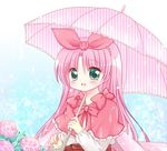  bad_id bad_pixiv_id bow flower green_eyes hair_bow laura_newfield long_hair pink_bow pink_hair pink_umbrella ribbon shawl smile solo sukuneko umbrella yuukyuu_gensoukyoku 