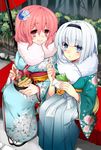  2girls :t alternate_costume blue_eyes breasts clog_sandals eating floral_print flower food fur furisode geta hair_flower hair_ornament hair_ribbon hairband hakama holding holding_spoon japanese_clothes kimono konpaku_youmu medium_breasts mi_(liki1020) multiple_girls new_year no_hat no_headwear noodles obi oriental_umbrella peony_(flower) pink_eyes pink_hair ribbon saigyouji_yuyuko sash short_hair shrimp shrimp_tempura silver_hair sitting smile soba spoon tempura touhou umbrella winter_clothes 