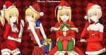  :d absurdres ahoge akatsuki_(mp31097 artoria_pendragon_(all) avalon_(fate/stay_night) bell blonde_hair bow breasts choker christmas cleavage detached_sleeves eating fate/extra fate/stay_night fate/unlimited_codes fate_(series) food gift gloves green_eyes hair_bow hair_ribbon hat highres holly looking_back medium_breasts merry_christmas multiple_girls multiple_persona nero_claudius_(fate) nero_claudius_(fate)_(all) open_mouth pudding red_gloves ribbon saber saber_alter saber_lily santa_costume santa_hat smile thighhighs yellow_eyes 