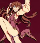  ;d absurdres armpits bare_shoulders brown_hair bun_cover china_dress chinese_clothes double_bun dress fang fighting_stance fingernails green_eyes highres huang_lingyin infinite_stratos kung_fu kurashima_tomoyasu leg_lift legs long_fingernails long_hair long_legs official_art one_eye_closed open_mouth outstretched_hand panties pantyshot scan simple_background smile solo thighs twintails underwear upskirt white_panties 