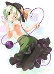  bad_id bad_pixiv_id black_legwear blown_kiss blush bow breasts feet green_eyes green_hair hat hat_bow heart heart_of_string highres komeiji_koishi medium_breasts nipples nironiro one_eye_closed pantyhose short_hair skirt smile solo third_eye topless touhou 