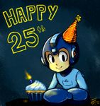  android anniversary arm_cannon birthday candle cupcake food happy_birthday hat helmet lydi-lydi_(jes) male_focus rockman rockman_(character) rockman_(classic) sky smile solo star star_(sky) starry_sky weapon 