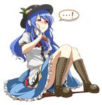  1girl blue_hair blush boots cross-laced_footwear food fruit full_body hand_on_own_cheek hat hinanawi_tenshi jurakin lace-up_boots long_hair peach red_eyes sitting solo tears touhou transparent_background 