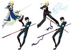  2girls absurdres ahoge armor armored_dress artoria_pendragon_(all) blonde_hair blue_eyes dress dual_persona excalibur fate/zero fate_(series) formal gae_buidhe gae_dearg highres invisible_air lancer_(fate/zero) long_hair mole multiple_boys multiple_girls necktie pant_suit polearm ponytail red_sclera saber shikimi_kimitake spear suit sword weapon yellow_eyes 