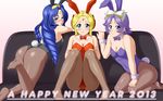  3girls animal_ears ass bad_id bad_pixiv_id blonde_hair blue_eyes blue_hair bow bowtie bunny_ears bunny_tail bunnysuit couch despinis detached_collar facial_mark forehead_mark green_eyes happy_new_year latooni_subota long_hair multiple_girls new_year pantyhose purple_eyes purple_hair shine_hausen short_hair super_robot_wars super_robot_wars_original_generation tail tomite wrist_cuffs 