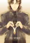  brown_hair cassock closed_eyes copyright_name cross cross_necklace egg fate/stay_night fate_(series) jewelry kotomine_kirei male_focus necklace smile solo vox 