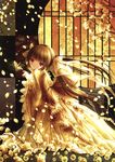  absurdres brown_hair bug dress flower hair_ribbon highres insect long_hair looking_at_viewer moth original petals purple_eyes ribbon smile solo tears tinker_bell twintails wind 