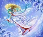  aqua_eyes aqua_hair daphne_zhang day dutch_angle green_eyes green_hair hatsune_miku highres hood japanese_clothes kimono long_hair oriental_umbrella outdoors snow snowflakes solo twintails uchikake umbrella very_long_hair vocaloid yuki_miku 