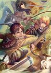  2boys armin_arlert bared_teeth emblem eren_yeager fujimaru_(green_sparrow) house mikasa_ackerman multiple_boys paradis_military_uniform shingeki_no_kyojin survey_corps_(emblem) sword three-dimensional_maneuver_gear weapon well 