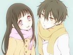  1girl bad_id bad_pixiv_id black_hair brown_hair chitanda_eru green_eyes hyouka long_hair oreki_houtarou purple_eyes sagami_gumi scarf short_hair winter_clothes 