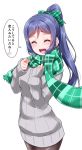  ^_^ ^o^ argyle argyle_scarf blue_hair bow breasts closed_eyes commentary_request cowboy_shot dress green_scarf hair_bow hands_on_own_chest long_hair long_sleeves love_live! love_live!_sunshine!! matsuura_kanan medium_breasts pantyhose ponytail scarf simple_background sleeves_past_wrists smile solo sweater sweater_dress translation_request white_background yopparai_oni 