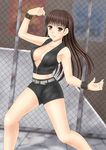  botan_m breasts brown_eyes brown_hair cleavage dead_or_alive fighting_stance large_breasts lei_fang long_hair midriff navel no_bra shorts smile solo unzipped wristband 