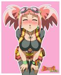  blush cleavage dinosaur_king eyes_closed goggles jacket large_breasts makino_tomoyasu necklace open_mouth pink_hair short_hair shorts simple_background socks solo standing tatsuno_malm taut_shirt twintails 