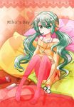  39 ahoge character_name digital_media_player food green_eyes green_hair hair_ornament hairclip hatsune_miku headphones highres ipod long_hair looking_at_viewer mouth_hold pantyhose pina710 pink_legwear pocky solo twintails very_long_hair vocaloid 