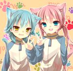  animal_ears animal_tail artist_request blue_eyes blue_hair blush cat_ears cat_tail character_request inazuma_eleven inazuma_eleven_(series) kariya_masaki kirino_ranmaru long_hair looking_at_viewer multiple_boys open_mouth paw_print pink_hair short_hair simple_background straight_hair tail tareme track_suit trap tsurime twintails v yellow_eyes 