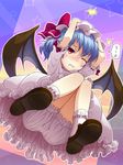  anger_vein bat_wings bloomers blue_hair blush cowering dress hands_on_headwear hat hat_ribbon mount_whip one_eye_closed pink_dress red_eyes remilia_scarlet ribbon short_hair short_sleeves solo spoken_anger_vein squatting tears touhou translated underwear upskirt uu~ wings 