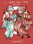  blue_hair fujiwara_no_mokou grey_eyes grey_hair hair_ribbon hand_puppet japanese_clothes kamishirasawa_keine kimono komaku_juushoku long_hair multiple_girls new_year puppet red_eyes ribbon sidelocks smile snake touhou 