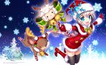  &gt;_&lt; animal bell black_legwear blue_eyes boots bow capelet christmas closed_eyes finding_neverland_online fur_trim gloves hat hat_ornament highres knee_boots looking_at_viewer nardack night official_art outstretched_arms reindeer santa_boots santa_costume santa_hat sheep short_hair silver_hair smile snow snowflakes snowing spread_arms thighhighs tree wallpaper wand winter 