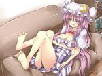  bad_feet bare_legs barefoot blush bow breast_hold breasts cleavage couch crescent deetamu dress hat highres large_breasts long_hair lying on_back open_mouth patchouli_knowledge purple_eyes purple_hair solo striped striped_dress touhou vertical_stripes 