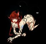  all_fours animal_ears black_background bow braid breasts cat_ears cat_tail chain collar extra_ears fang hair_bow kaenbyou_rin long_hair medium_breasts multiple_tails nude pointy_ears red_eyes red_hair side_braid simple_background single_braid skull solo tada_sakura tail tattoo tongue tongue_out touhou 
