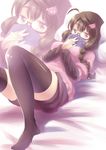  ahoge bed black_legwear blush book braid breasts brown_eyes brown_hair covering_mouth glasses hair_ornament hairclip highres idolmaster idolmaster_cinderella_girls long_hair lying medium_breasts okuyama_saori on_back solo thighhighs twin_braids zinczinc_ka zoom_layer 