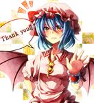  bad_id bad_pixiv_id bat_wings blue_hair brooch english fuuna_(conclusion) hand_on_hip hat highres jewelry open_mouth red_eyes remilia_scarlet short_hair smile solo touhou upper_body wings wrist_cuffs 