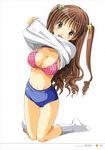  absurdres azuma_yuki bow bow_bra bra breasts brown_eyes brown_hair buruma cleavage copyright_request d: gym_uniform hair_bobbles hair_ornament highres kneeling large_breasts no_shoes open_mouth pink_bra plaid plaid_bra socks solo thigh_gap two_side_up underwear undressing 