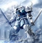  dual_wielding dust glowing glowing_eye gouf_custom gundam holding lance_garfield mecha mobile_suit_gundam_the_plot_to_assassinate_gihren no_humans signature snow solo sword weapon yone 